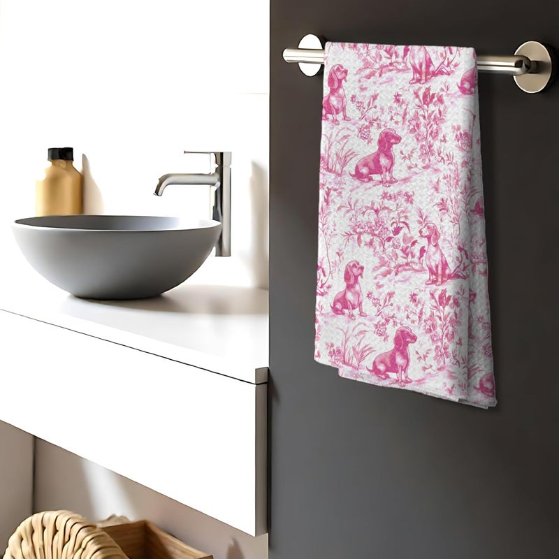 Nipil Nipi Pink Chinoiserie Dachshund Kitchen Towels, Pink Floral Botanical Dachshund Decorative Dish Tea Towels, Grandmillennial Weiner Dog Hand Towels for Kitchen Bathroom, 16x24 Inch - Image 3